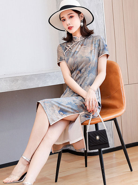 Shimmer Floral Midi Qipao / Cheongsam Party Dress