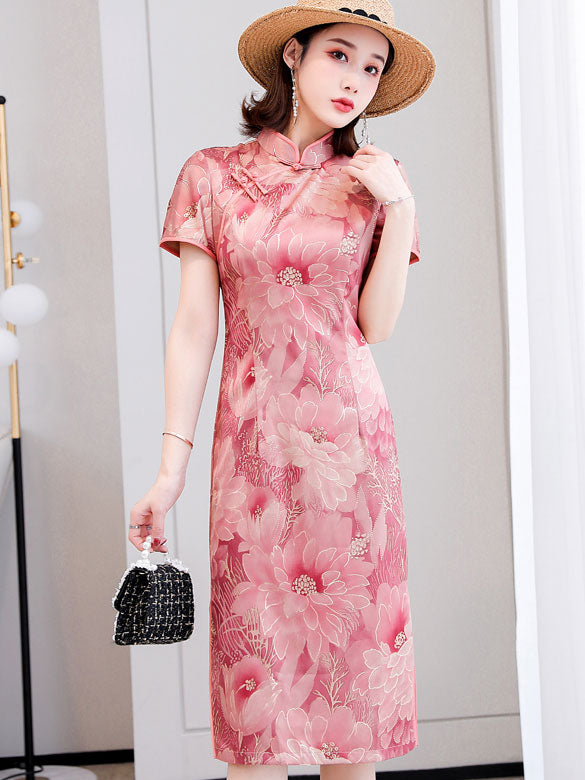 Shimmer Floral Midi Qipao / Cheongsam Party Dress