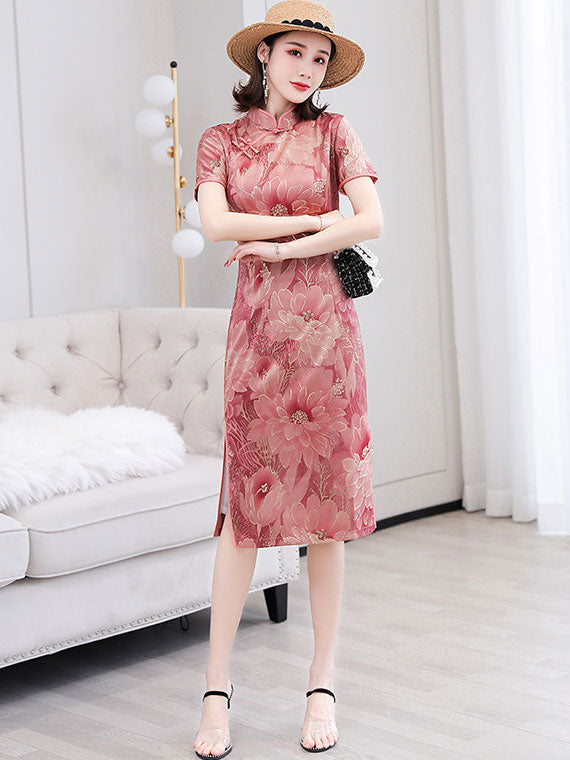 Shimmer Floral Midi Qipao / Cheongsam Party Dress