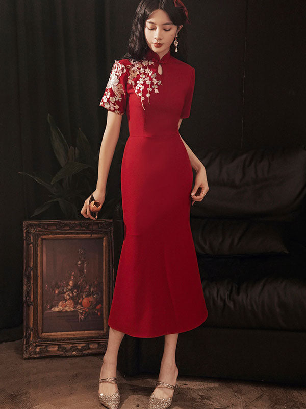 Embroidered Qipao / Cheongsam Wedding Dress with Ruffle Hem