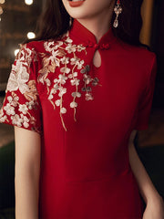 Embroidered Qipao / Cheongsam Wedding Dress with Ruffle Hem