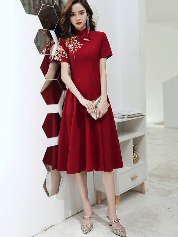 Embroidered Midi A-Line Qipao / Cheongsam Wedding Dress