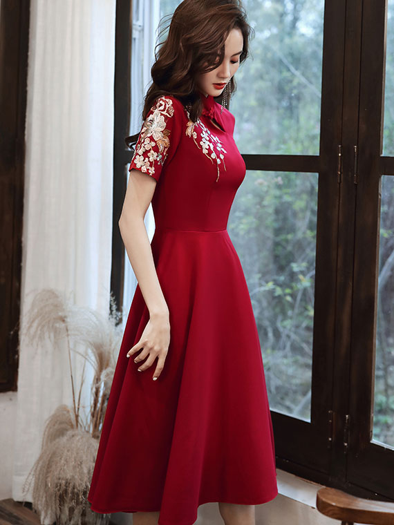 Embroidered Midi A-Line Qipao / Cheongsam Wedding Dress