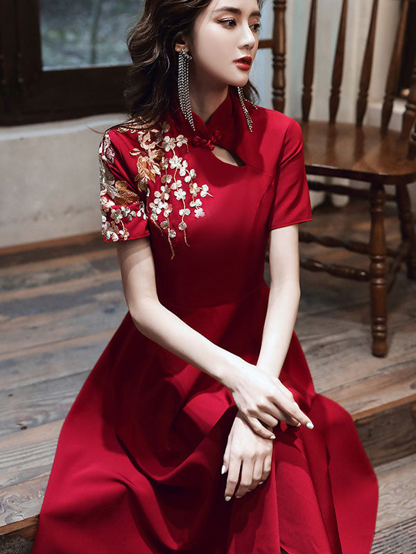 Embroidered Midi A-Line Qipao / Cheongsam Wedding Dress