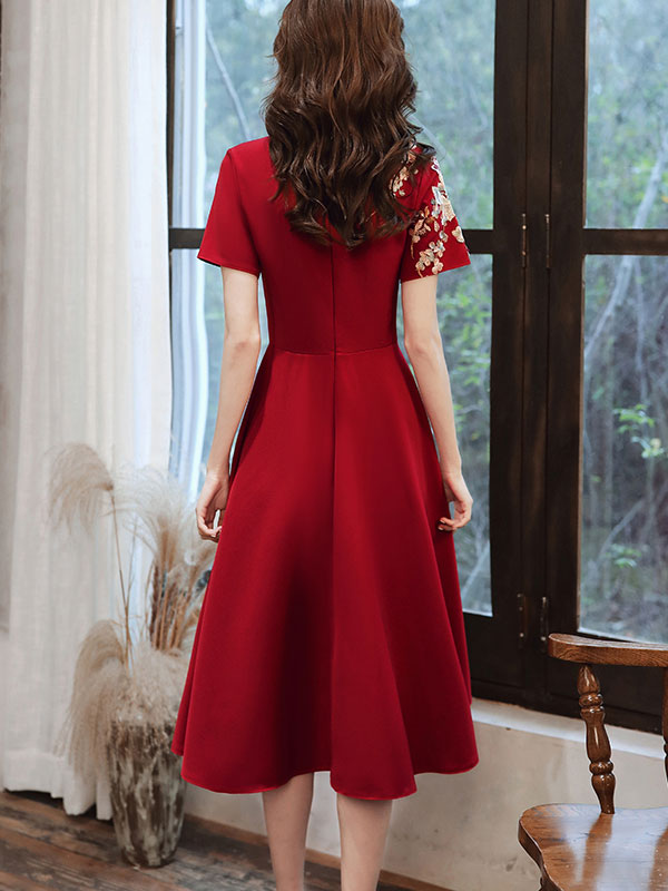 Embroidered Midi A-Line Qipao / Cheongsam Wedding Dress