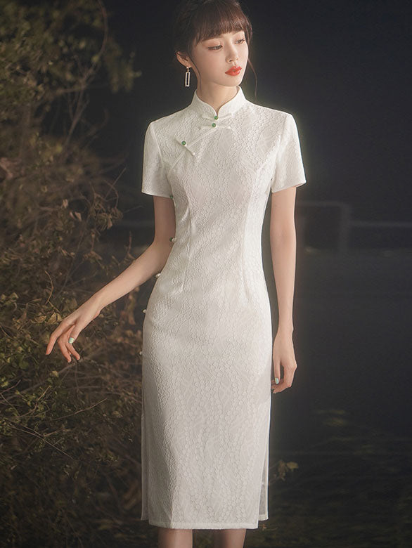 White Lace Midi Modern Cheongsam / Qipao Party Dress