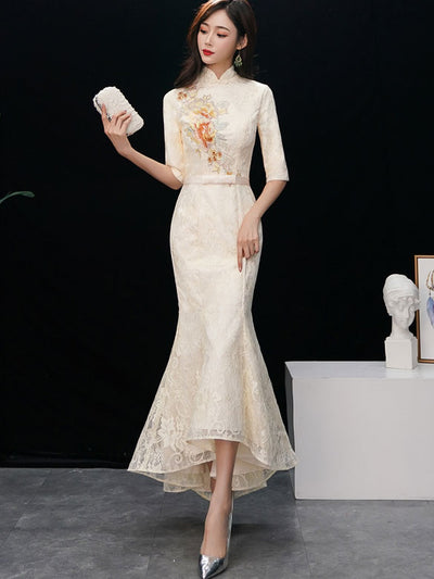 Lace Embroidered Fishtail Qipao / Cheongsam Evening Dress