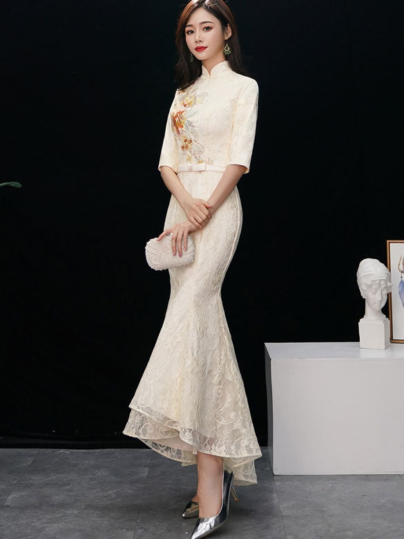 Lace Embroidered Fishtail Qipao / Cheongsam Evening Dress