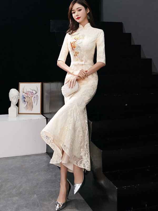Lace Embroidered Fishtail Qipao / Cheongsam Evening Dress