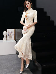 Lace Embroidered Fishtail Qipao / Cheongsam Evening Dress