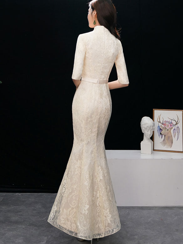 Lace Embroidered Fishtail Qipao / Cheongsam Evening Dress