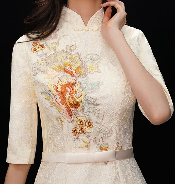 Lace Embroidered Fishtail Qipao / Cheongsam Evening Dress