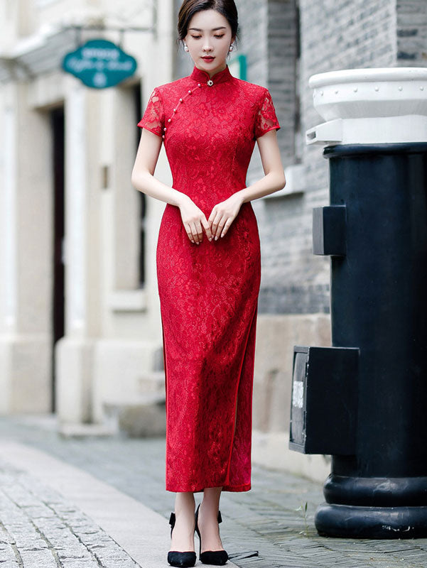 Green Red Lace Modern Qipao / Cheongsam Prom Dress