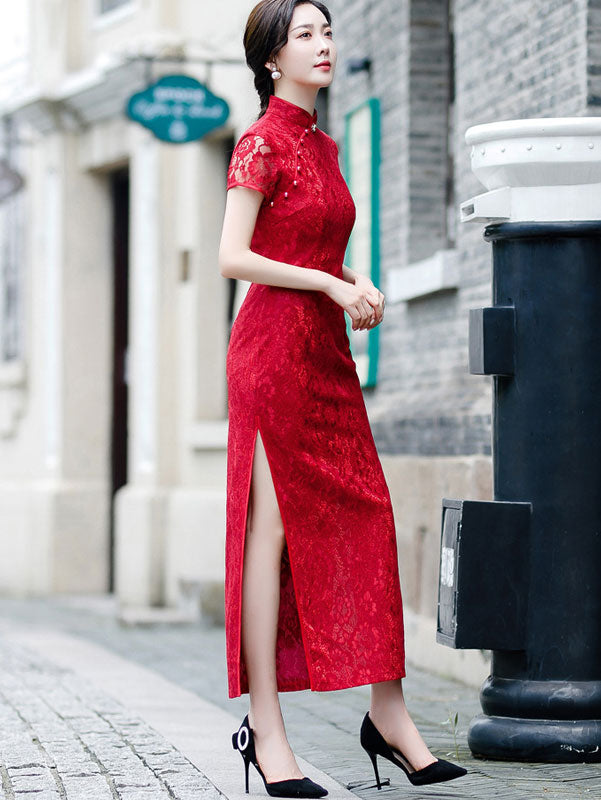 Green Red Lace Modern Qipao / Cheongsam Prom Dress