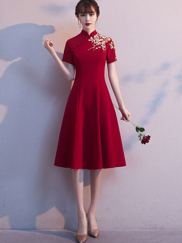 Burgundy Embroidered A-Line Wdding Qipao / Cheongsam Dress