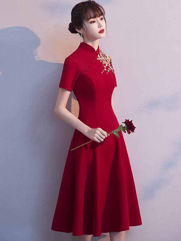Burgundy Embroidered A-Line Wdding Qipao / Cheongsam Dress