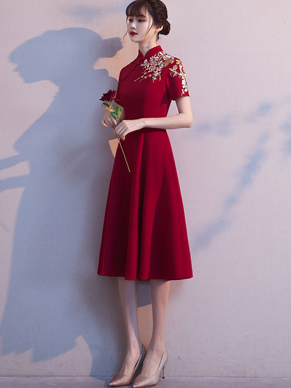 Burgundy Embroidered A-Line Wdding Qipao / Cheongsam Dress