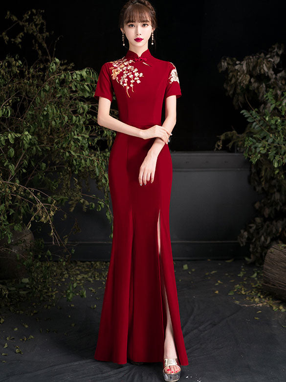 Burgundy Embroidered Thigh Split Wedding Qipao / Cheongsam Dress