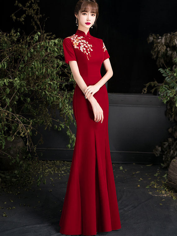 Burgundy Embroidered Thigh Split Wedding Qipao / Cheongsam Dress