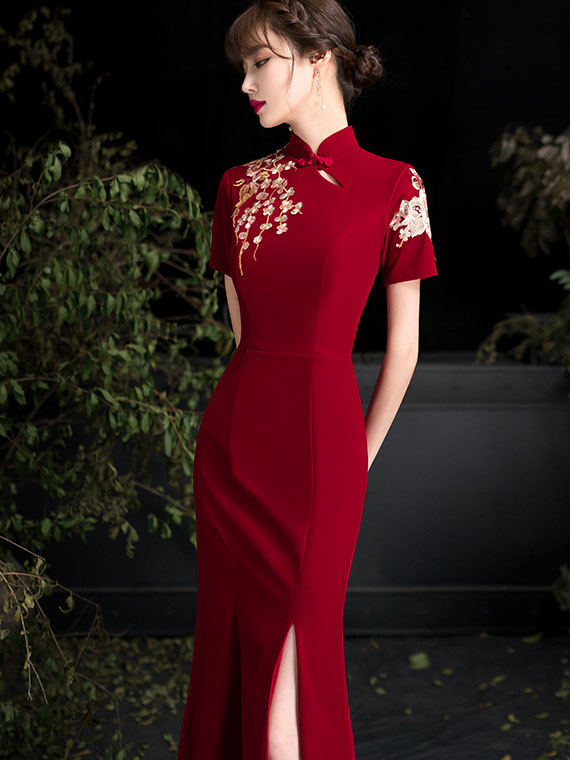 Burgundy Embroidered Thigh Split Wedding Qipao / Cheongsam Dress