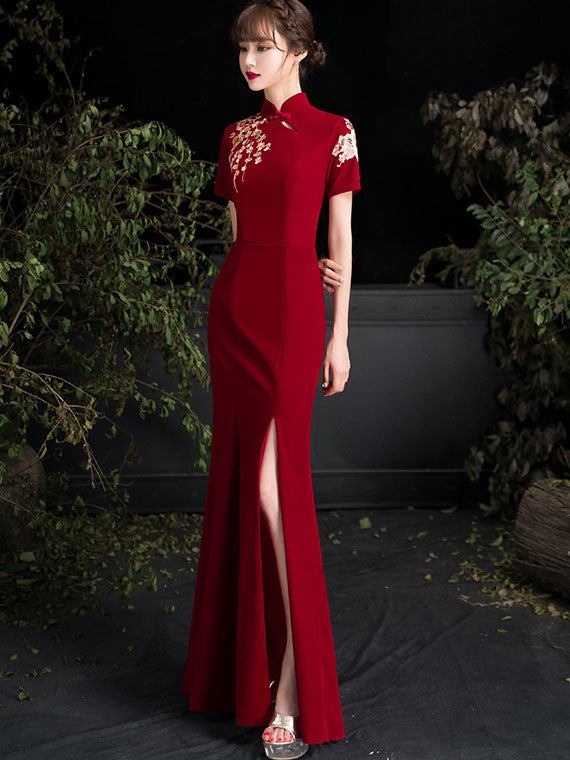 Burgundy Embroidered Thigh Split Wedding Qipao / Cheongsam Dress