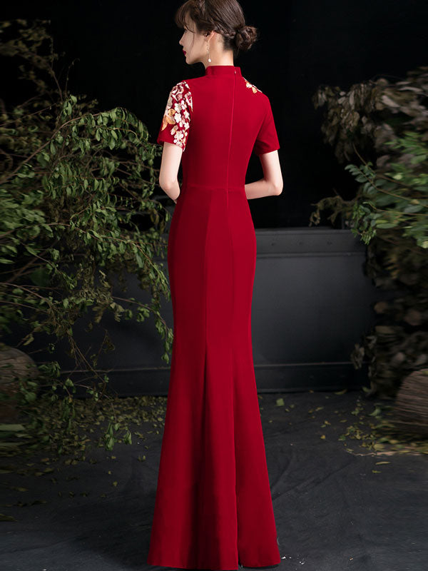 Burgundy Embroidered Thigh Split Wedding Qipao / Cheongsam Dress