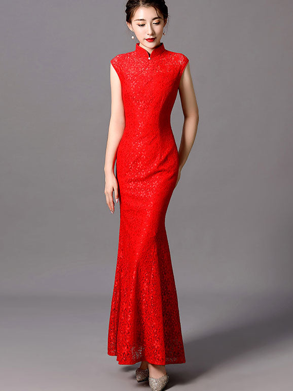 Fishtail Lace Wedding Qipao / Cheongsam Dress with Shawl