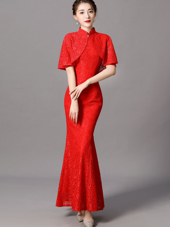 Fishtail Lace Wedding Qipao / Cheongsam Dress with Shawl
