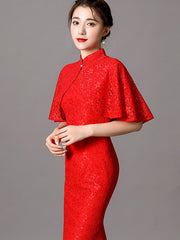 Fishtail Lace Wedding Qipao / Cheongsam Dress with Shawl