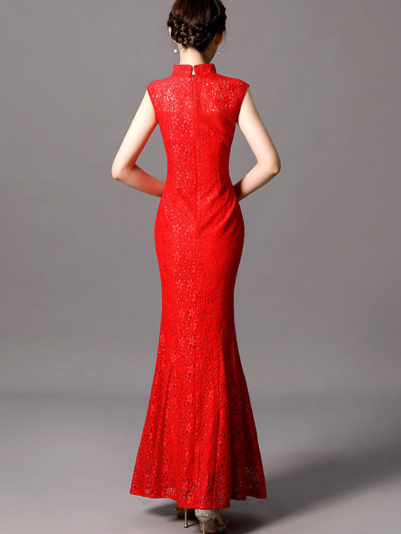 Fishtail Lace Wedding Qipao / Cheongsam Dress with Shawl