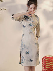 Printed Floral Suede Winter Qipao Cheongsam Dress