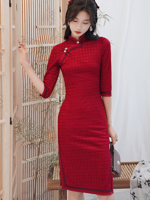 Winter Red Grid Midi Wedding Cheongsam Qipao Dress