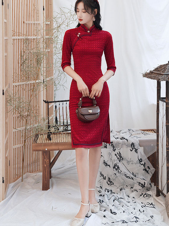 Winter Red Grid Midi Wedding Cheongsam Qipao Dress