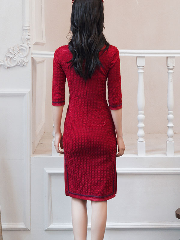 Winter Red Grid Midi Wedding Cheongsam Qipao Dress