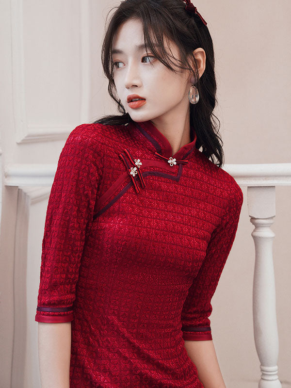 Winter Red Grid Midi Wedding Cheongsam Qipao Dress