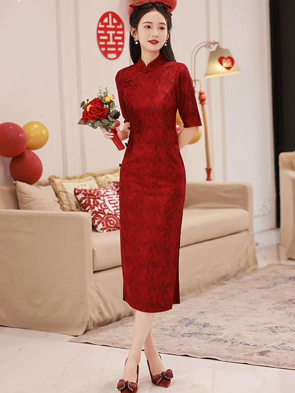 Winter Lace Midi Wedding Qipao Cheongsam Dress