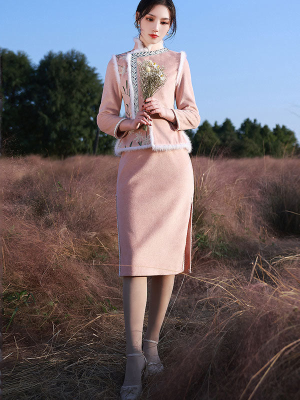 Two Piece Wool Blend Winter Cheongsam Dress and Waistcoat