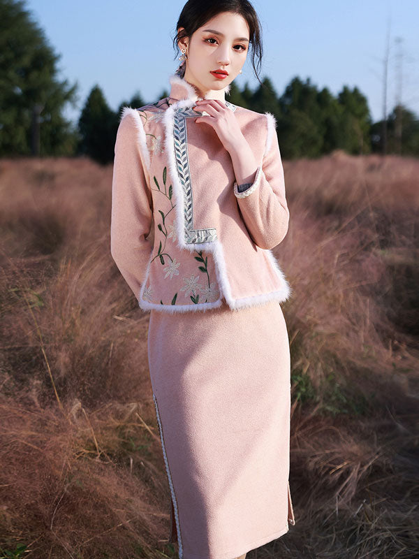 Two Piece Wool Blend Winter Cheongsam Dress and Waistcoat