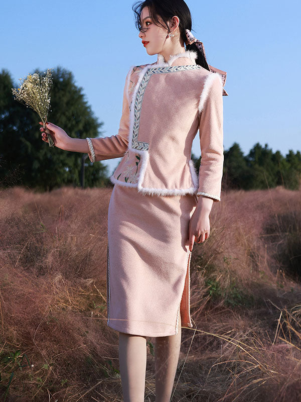 Two Piece Wool Blend Winter Cheongsam Dress and Waistcoat