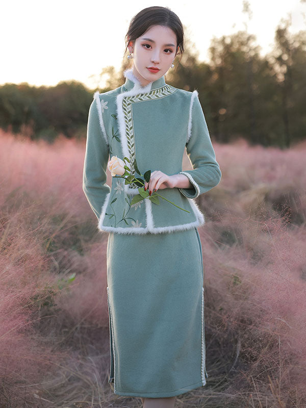 Two Piece Wool Blend Winter Cheongsam Dress and Waistcoat