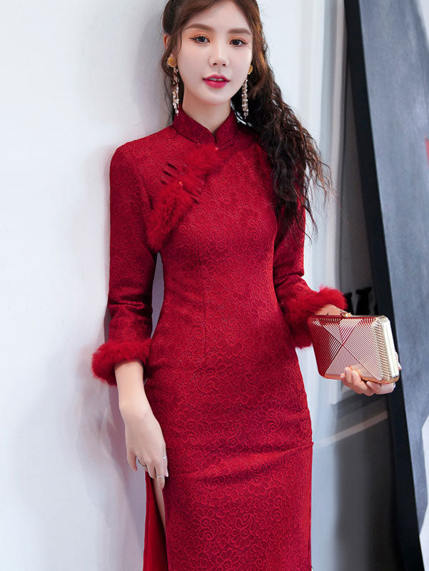 Burgundy Lace Winter Wedding Qipao Cheongsam Dress