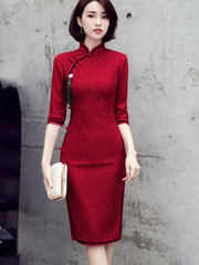 Burgundy Lace Winter Qipao Cheongsam Party Dress