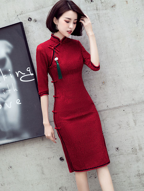 Burgundy Lace Winter Qipao Cheongsam Party Dress