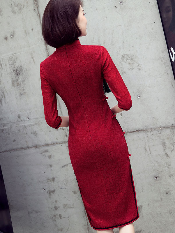 Burgundy Lace Winter Qipao Cheongsam Party Dress