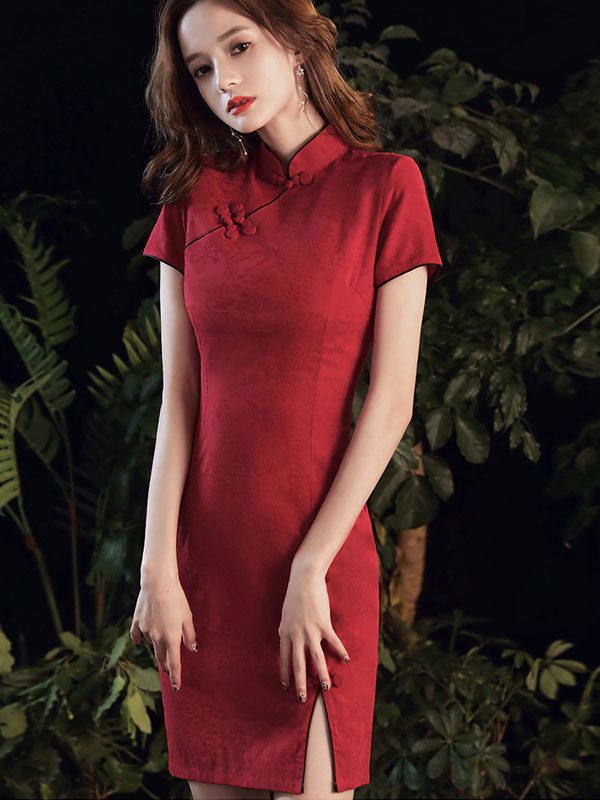 Short Red Floral Wedding Qipao Cheongsam Party Dress