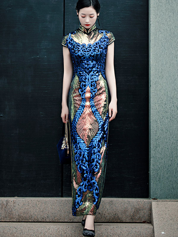 Allover Sequined Ankle-Length Cheongsam Qipao Party Dress