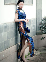 Allover Sequined Ankle-Length Cheongsam Qipao Party Dress