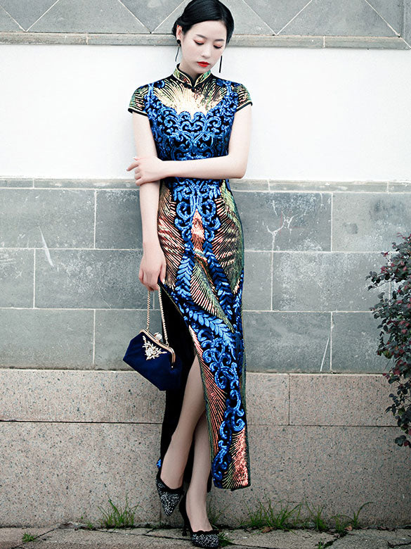 Allover Sequined Ankle-Length Cheongsam Qipao Party Dress