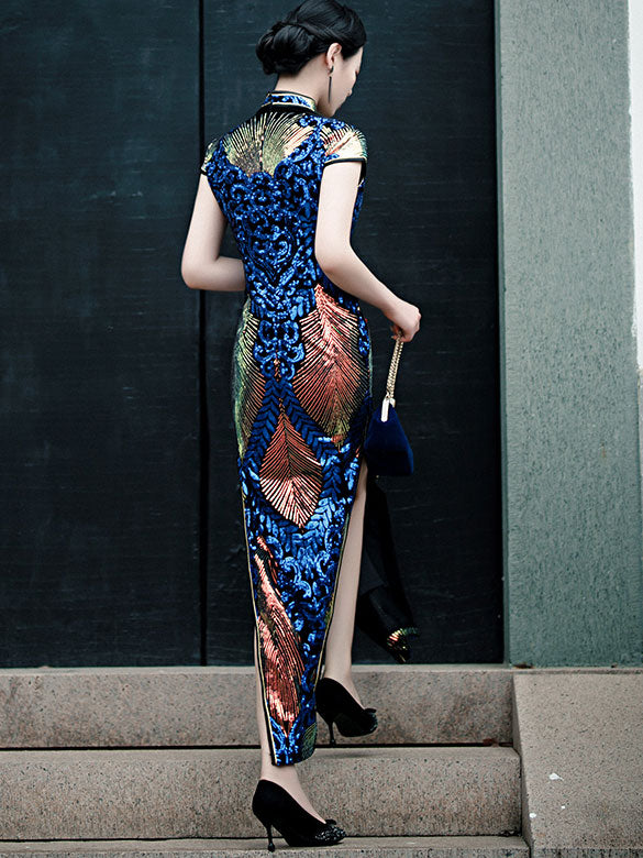 Allover Sequined Ankle-Length Cheongsam Qipao Party Dress