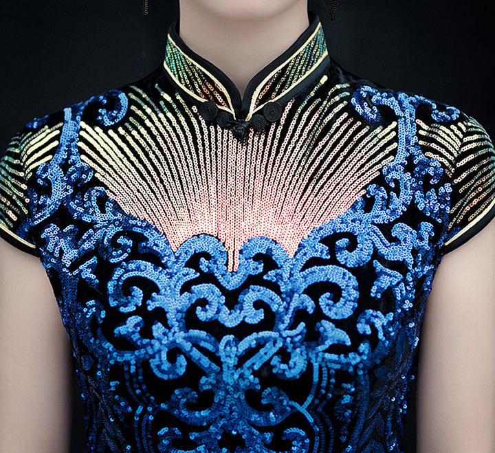Allover Sequined Ankle-Length Cheongsam Qipao Party Dress